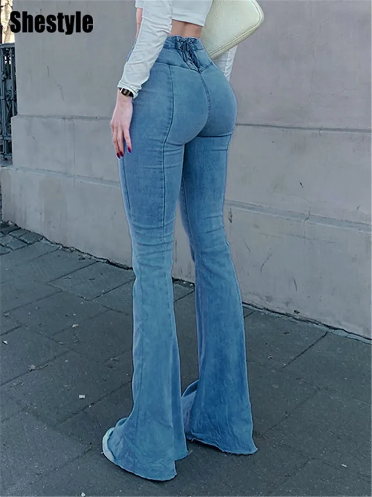 

Женские расклешенные джинсы Shestyle, модные обтягивающие синие брюки с широкими штанинами, на молнии, со шнуровкой сзади и карманами, 2022