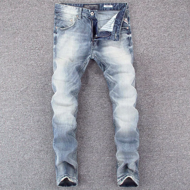 Newly Designer Fashion Men Jeans High Quality Retro Light Blue Elastic Slim Ripped Jeans Men Vintage Trousers Denim Pants Hombre
