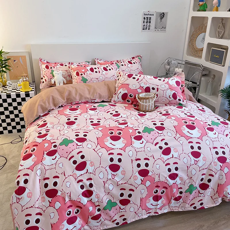 

Комплект постельного белья Disney Kawaii Lotso, с мультяшным рисунком, пододеяльник, простыня, наволочка, простыня, Королевский, двуспальный, односпальный, двуспальный