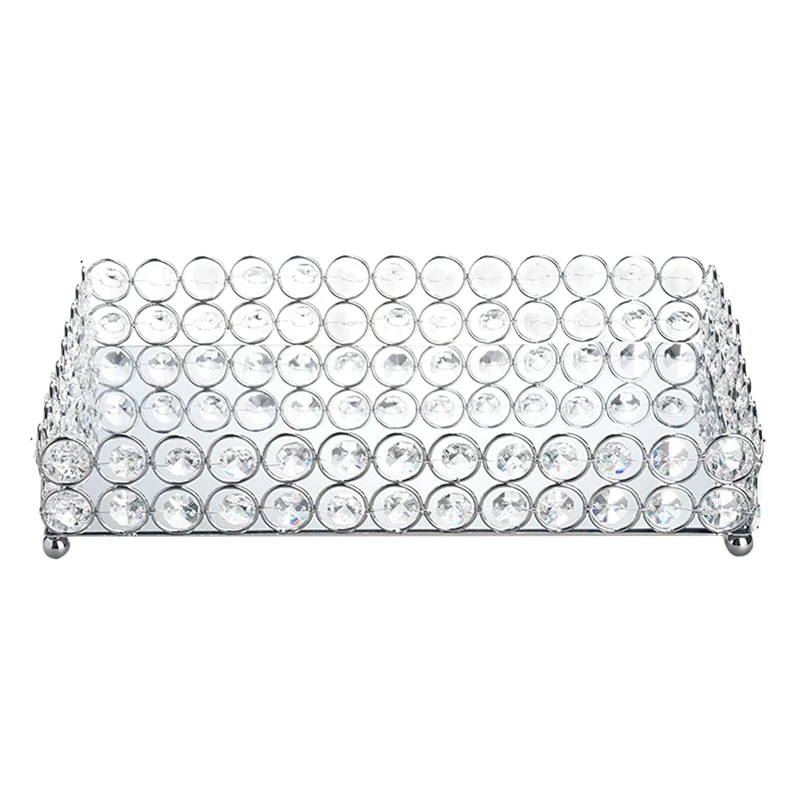 

Crystal Rectangle Cosmetic Tray Jewelry Trinket Organizer Mirror Decorative Tray,Dresser Skin Care Tray Storage(Silver)