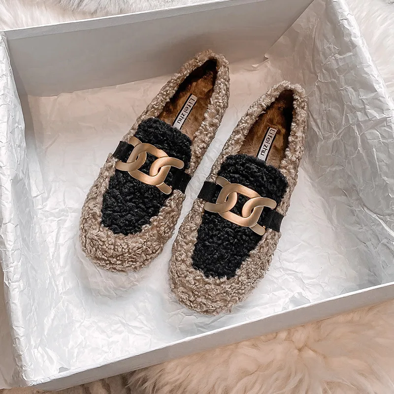 

Женские ботинки, зимние новые милые плюшевые лоферы из овечьей шерсти на плоской подошве без шнуровки