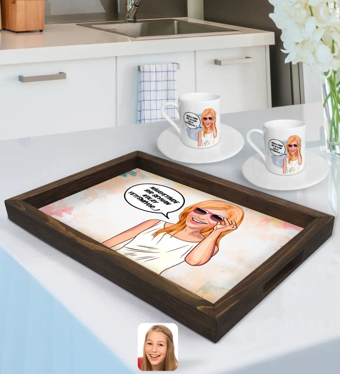 

Персонализированная Женская кофейная чашка Nihayetinde с карикатурой поднос из натурального дерева и набор из 2 кофейных чашек-4