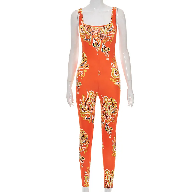 FTS Fashion Female Summer Streetwear Print Sleeveless Low Chest High Waist Sexy Bodycon One Piece Long Romper Women Jumpsuit