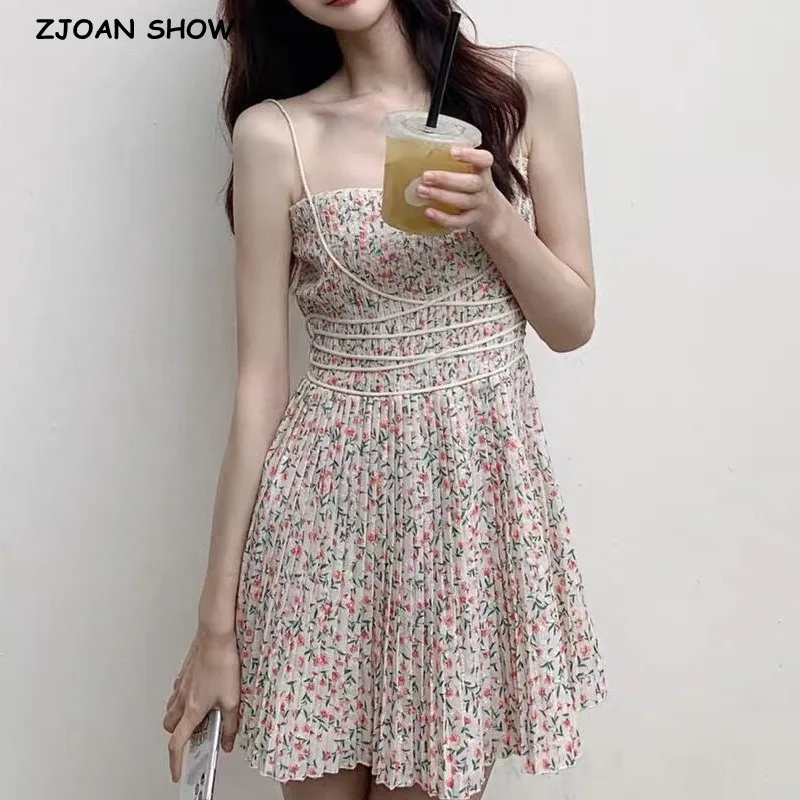 

2022 Sexy Embroidery Floral Print Spaghetti Strap Pleated Mini Dress Women Lacing up Ribbons Backless Party Skater Sling Robe