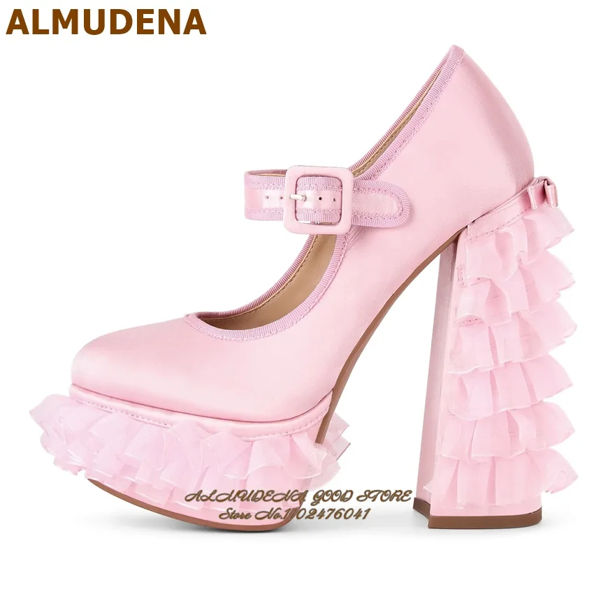 Фото Туфли-мэри-джейн ALMUDENA из розового атласа на платформе с кружевной сеткой, на массивном каблуке с рюшами, свадебные туфли, элегантные туфли для вечеринок с бантом-бабочкой №2