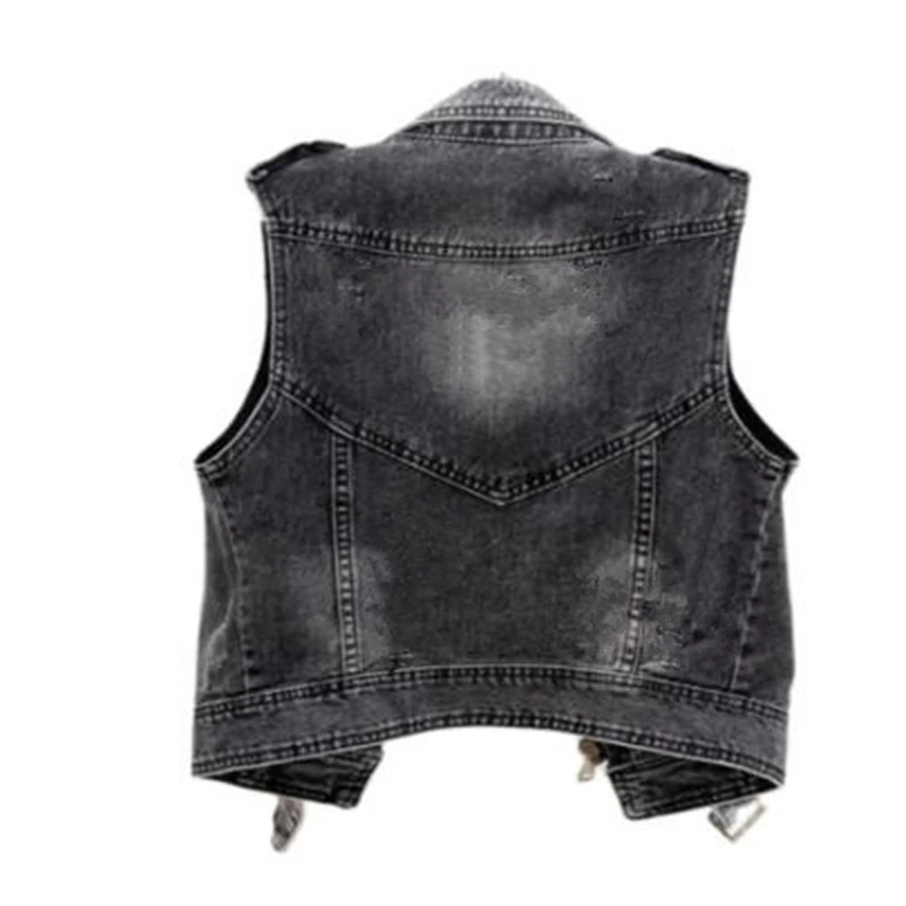 

Denim Vest Female Spring Autumn Sleeveless Wild Tops Short Jacket Women Smoky Gray Waistcoat Hole Zipper Lapel Slanted Placket