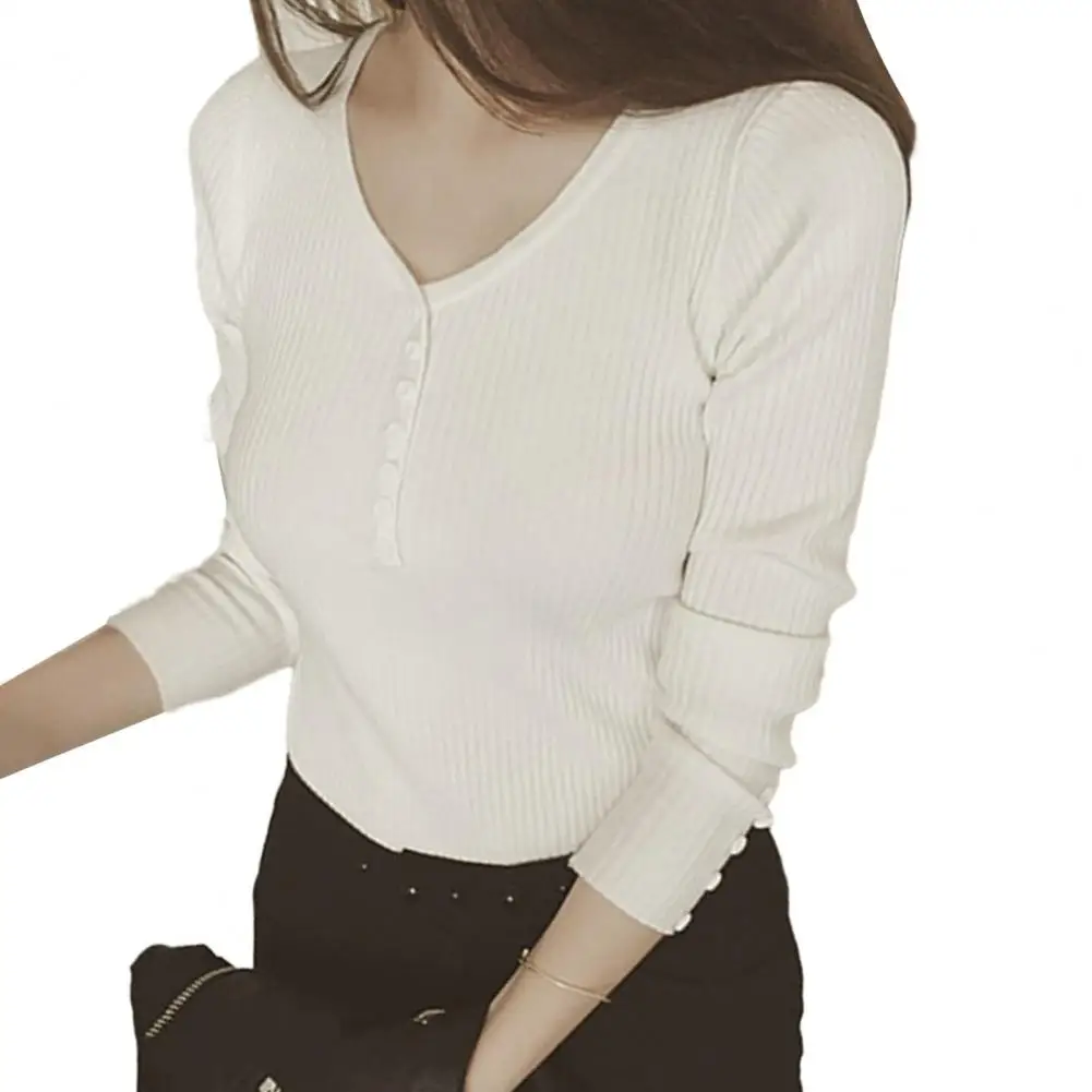 

Женская трикотажная блузка на пуговицах, однотонный облегающий эластичный пуловер с длинным рукавом и V-образным вырезом, модная Дамская блузка на осень