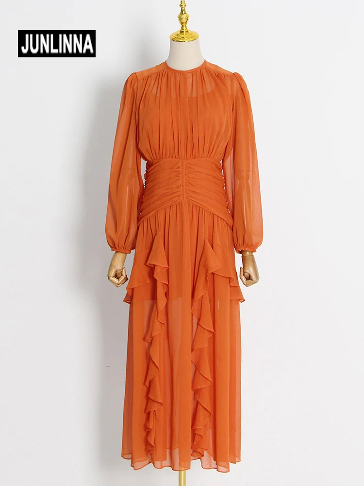 

JUNLINNA Spring Autumn Women Dress Pure Colour Fashion Elegan Ruched and Ruffles Long Vestidos Beach Vacation