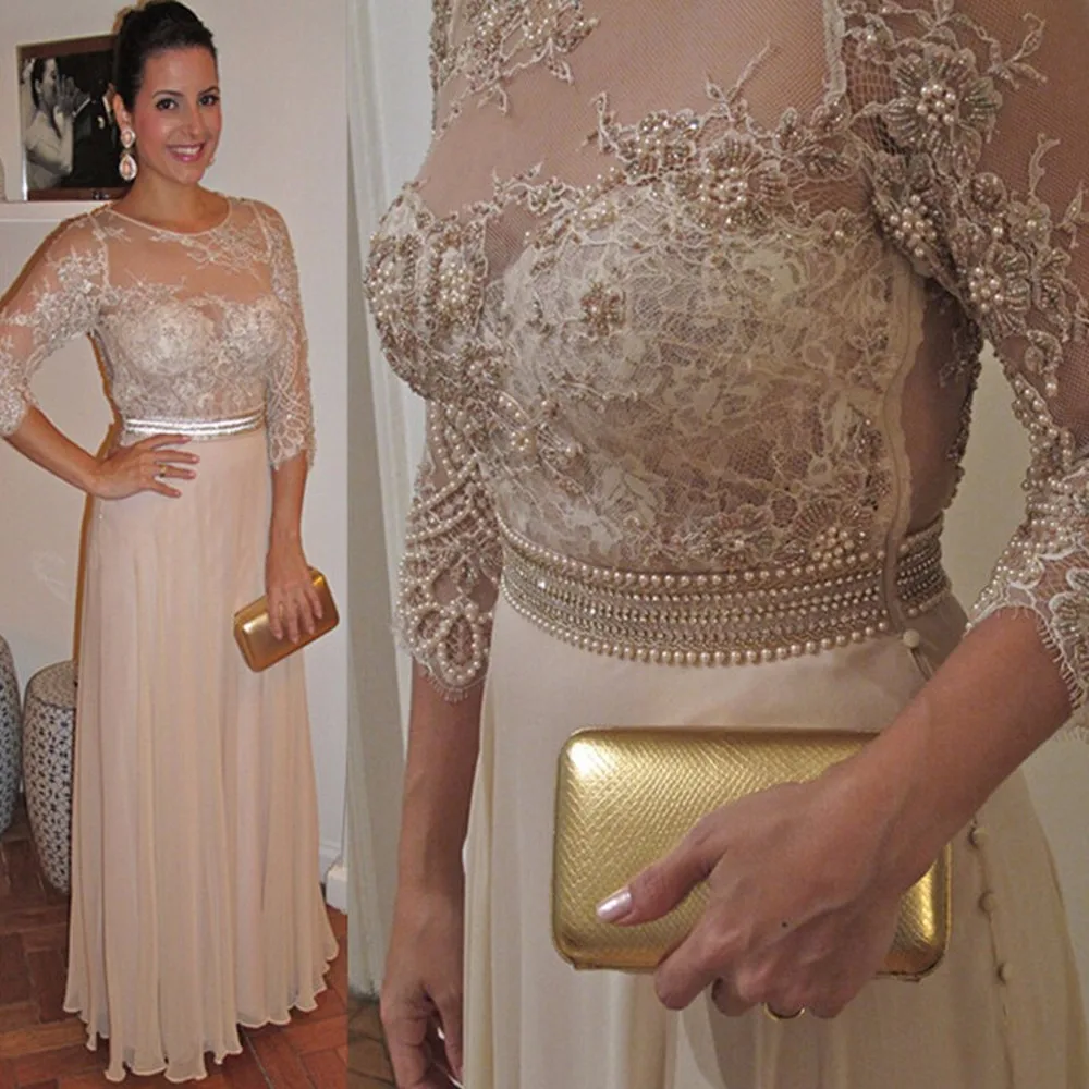 

Luxury Mother of the Bride Dresses A Line 3/4 Sleeves Beaded Lace Wedding Guest Gowns O Neck Floor Length Exquisite Evening Gown