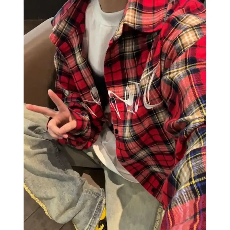 Рубашка женская в шотландскую клетку винтажная Повседневная Блузка с длинным