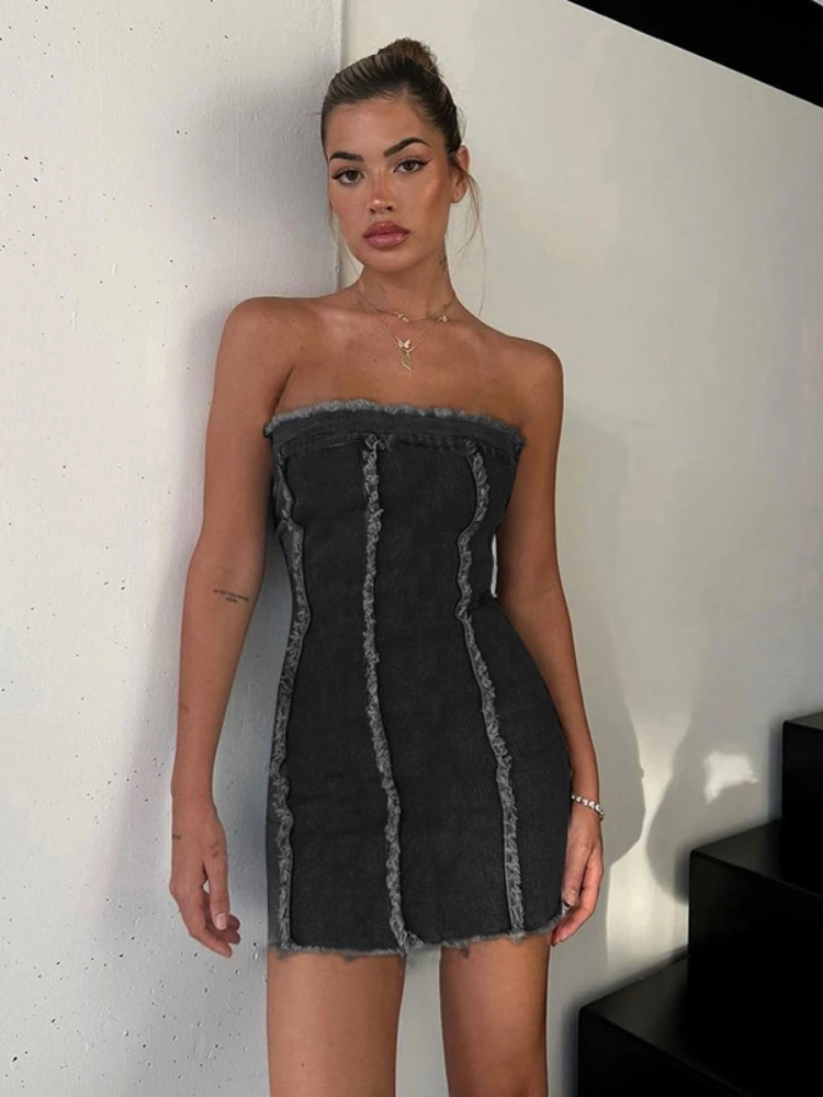

Sexy Denim Bodycon Dress Summer Strapless Mini Dress Slim Causal Women Clothing Streetwear Fashion Spicy Girl Vestidos De Mujer