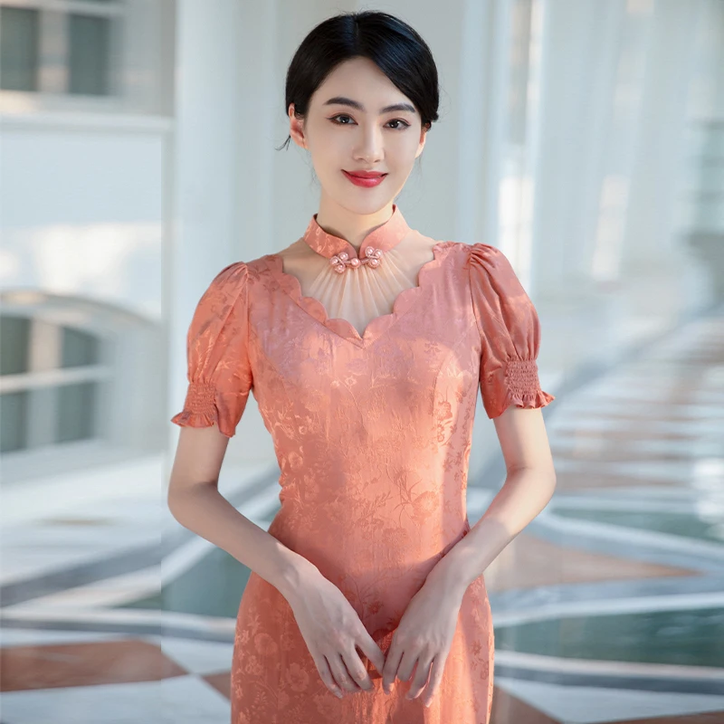 

SIMEIZI HANFU Summer Front Slit Short-sleeved Fan Dress 2023 Lace Back Hollow Cheongsam