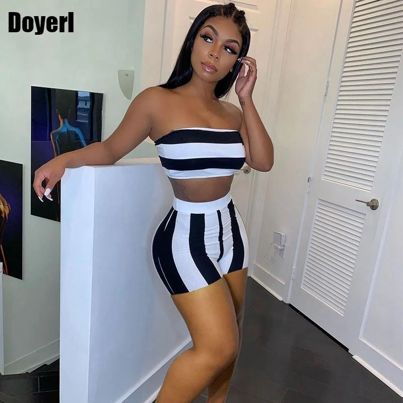 Полосатые сексуальные комплекты из 2 предметов с шортами для вечеринки женские