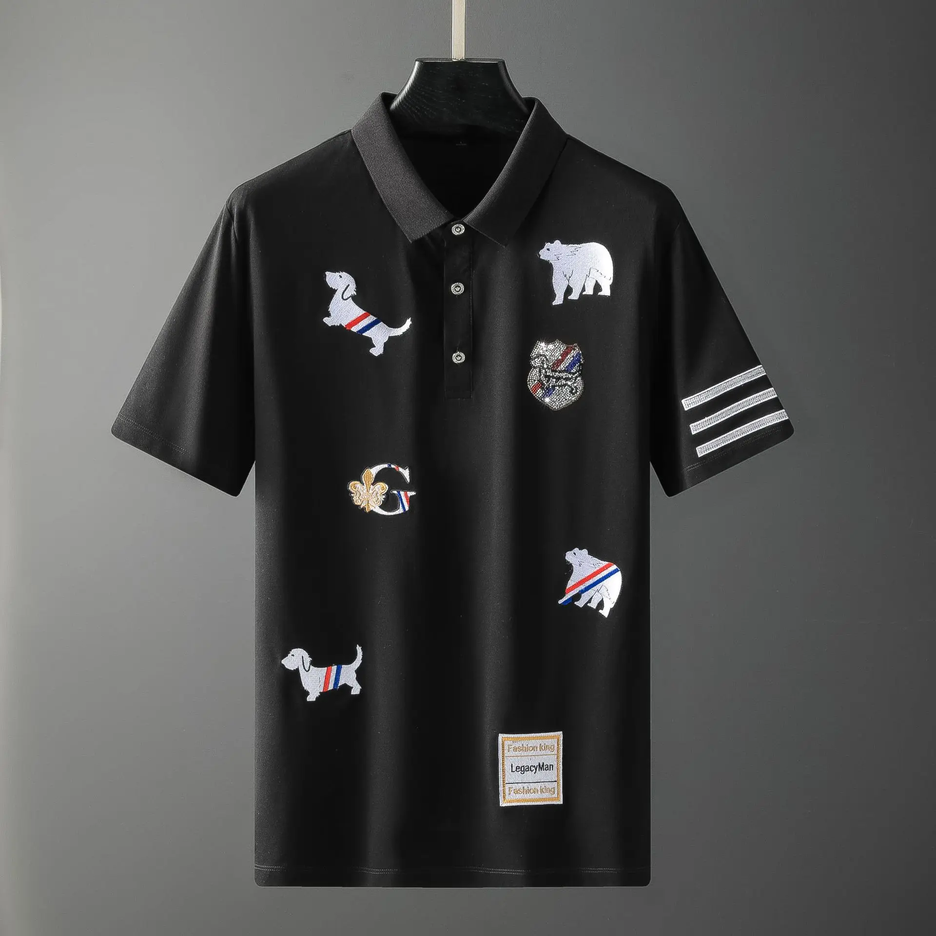 High New Men 22 Embroidered poodle Diamond Rhinestones Striped Polo Shirts Shirt Hip Hop Skateboard Cotton Polo Top M-4XL #A680