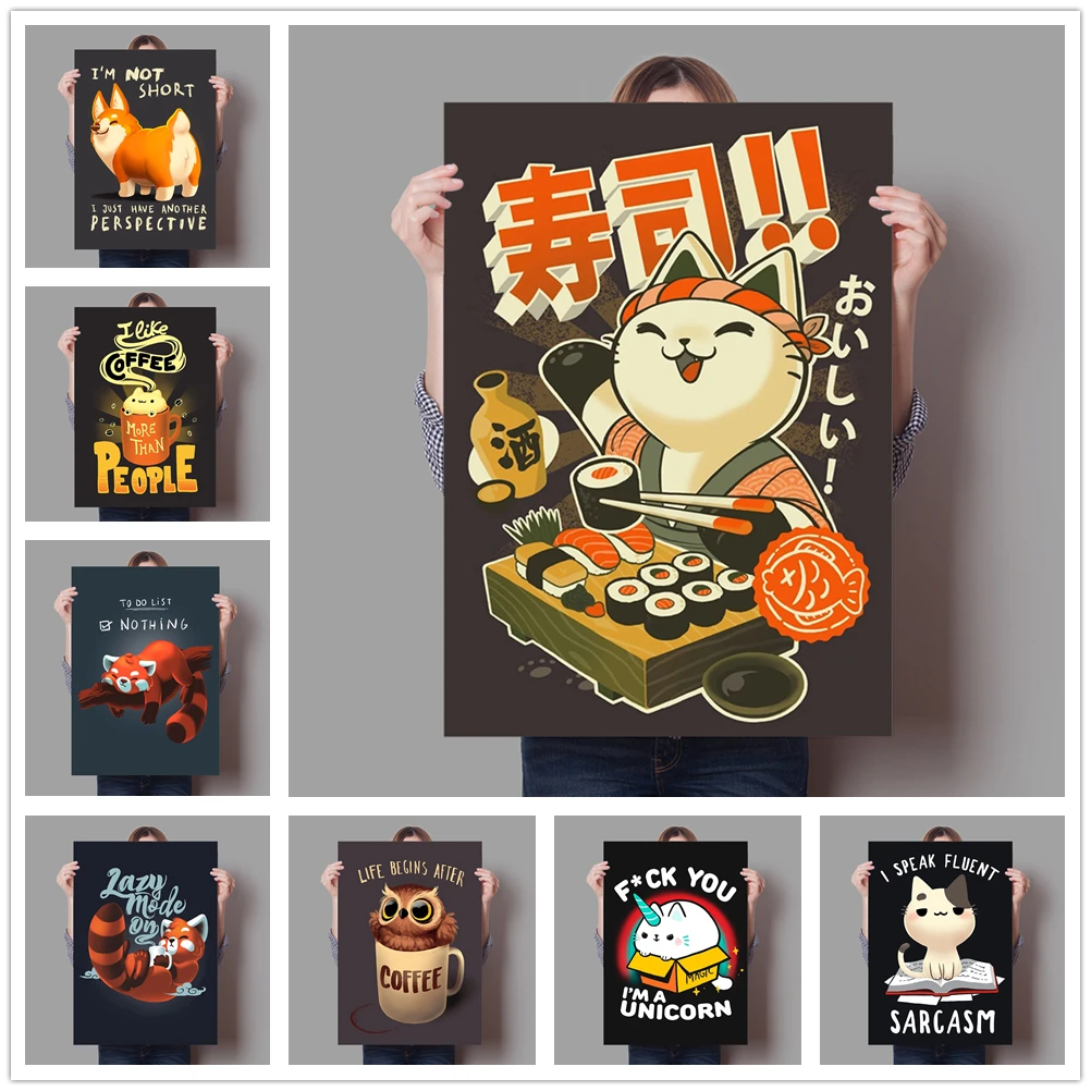 Постер на холсте для детской комнаты картина с рисунком животного кошки рамен