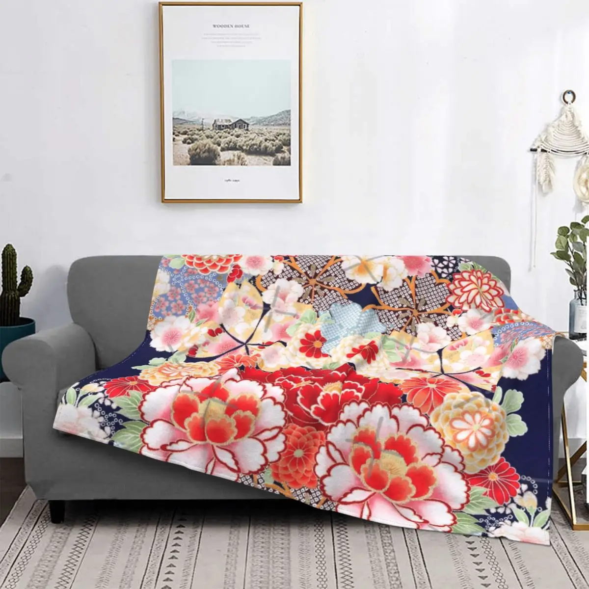

Manta a cuadros de flores japonesas antiguas, colcha de color rosa y blanco, ropa de cama a cuadros, esponjosa, a cuadros