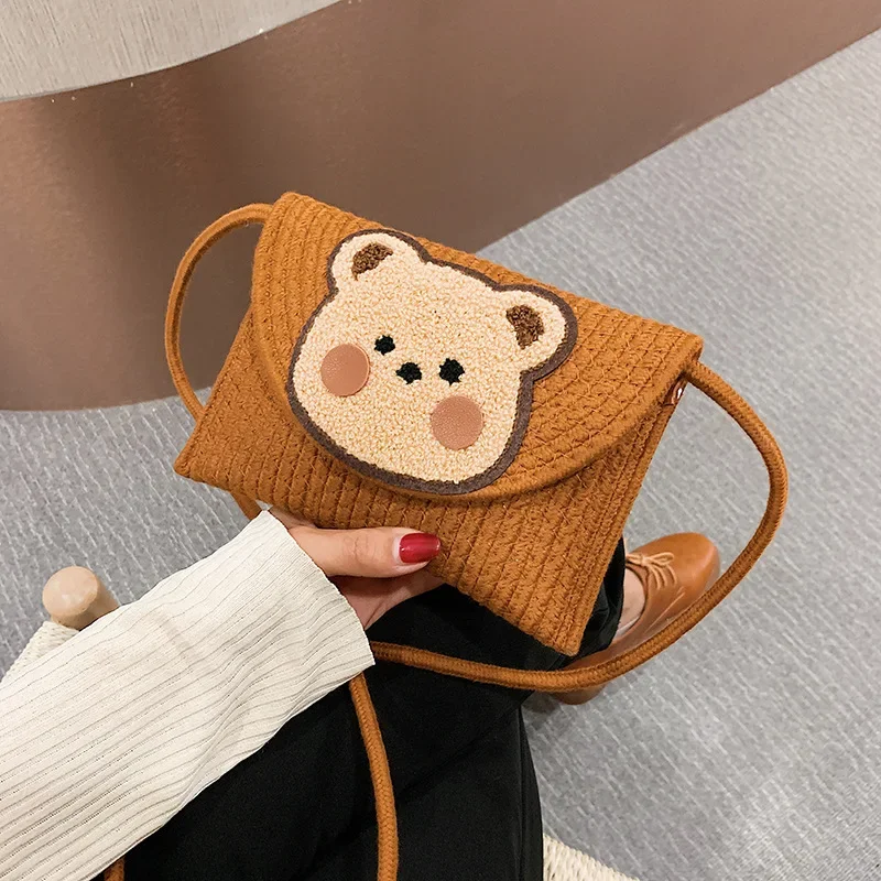 

Cotton Cord Woven Envelope Bag Shoulder Bag Cute Teddy Bear Magnetic Buckle Handbag Joker Holiday Beach Mobile Phone Packages