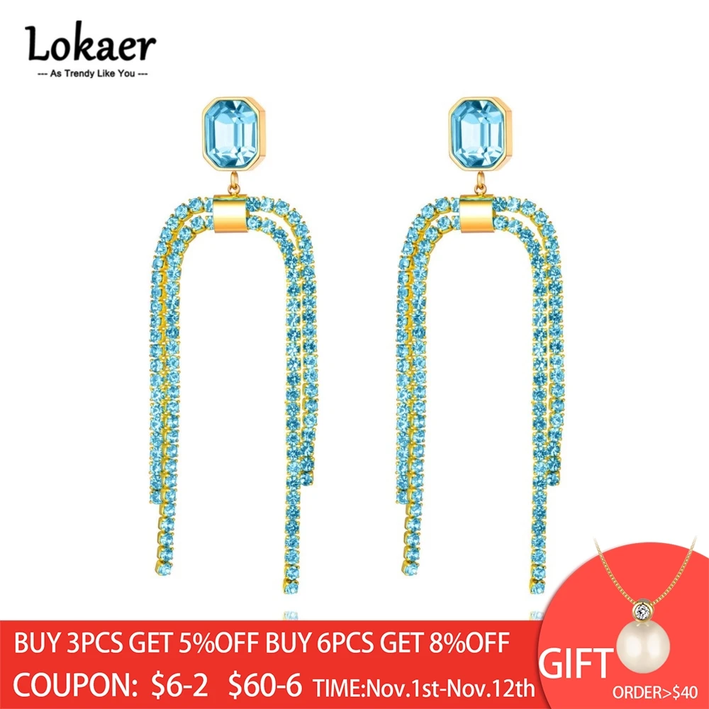 

Lokaer Sparkling Cubic Zirconia Crystal Party Earrings Jewelry For Women Stainless Steel Geometric Tassel Earrings Серьги E22126