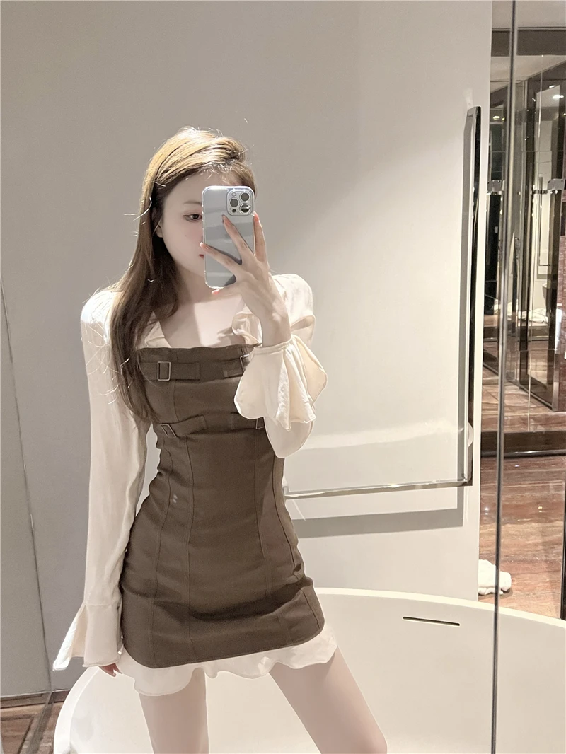 

Contrast Color Waist Slim Bell Sleeve Short Skirt Punk Rave Y2k Dress Ropa Talla Grande Sacos De Mujer Vestir Designer Summer