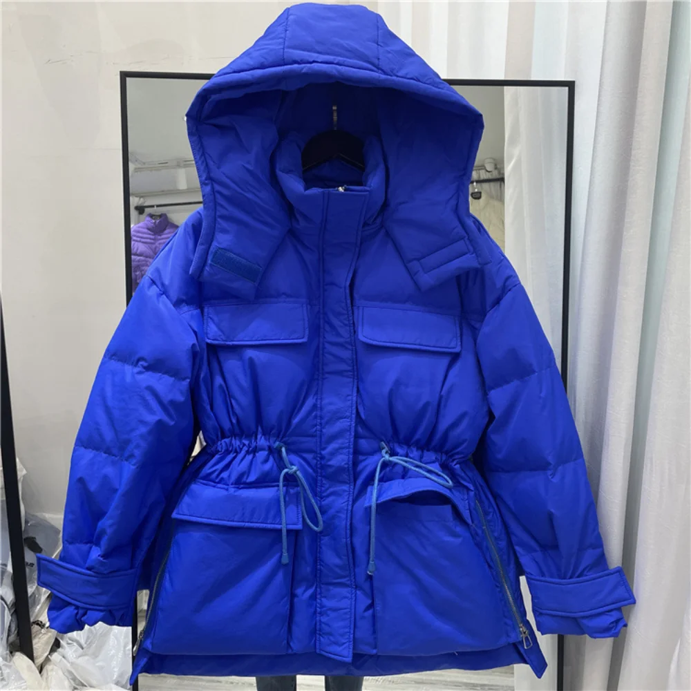 

Winter Coat Women Thickened Down Jacket Women's Short White Duck Down Warm Winter Coat Loose Drawstring Waist Hood Warm Acket