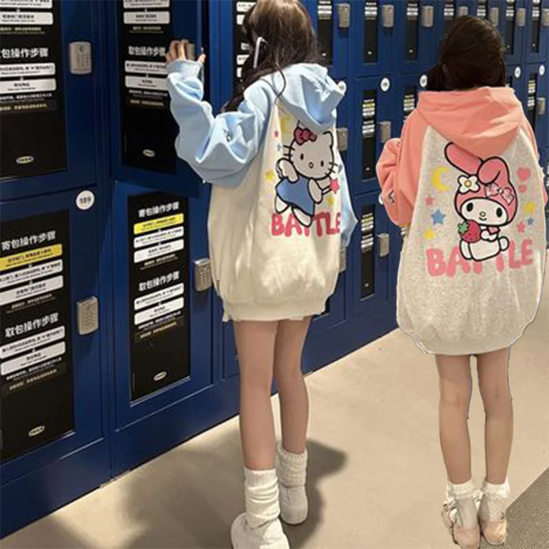 

Sanrios Hello Kitty Autumn Thin Coat Anime Cartoon Cute Raglan Sleeve Cardigan Hooded Couple Sweatshirt Female Oversize Spring