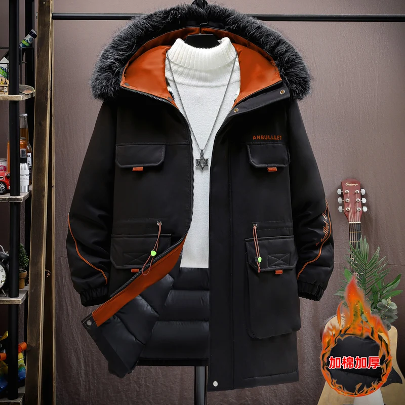 New Winter Men's Medium Long Down Cotton Jacket Mens Plush Thickened Thermal Jacket Men Fashion Casual Loose Coat