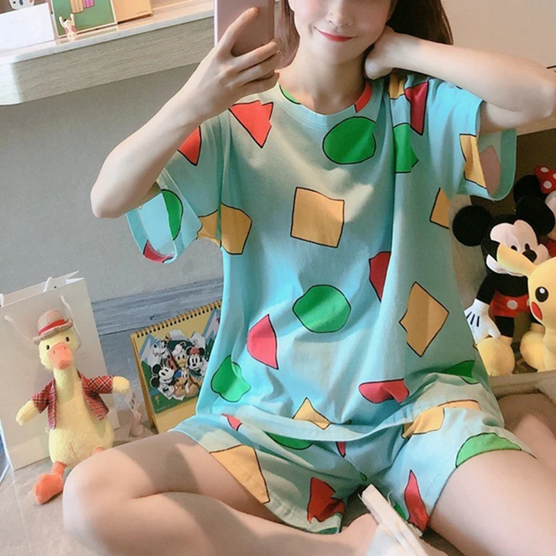 Pajamas Short-Sleeved Korean Cartoon Fresh And Thin Home Service 4-Piece Blue XXL