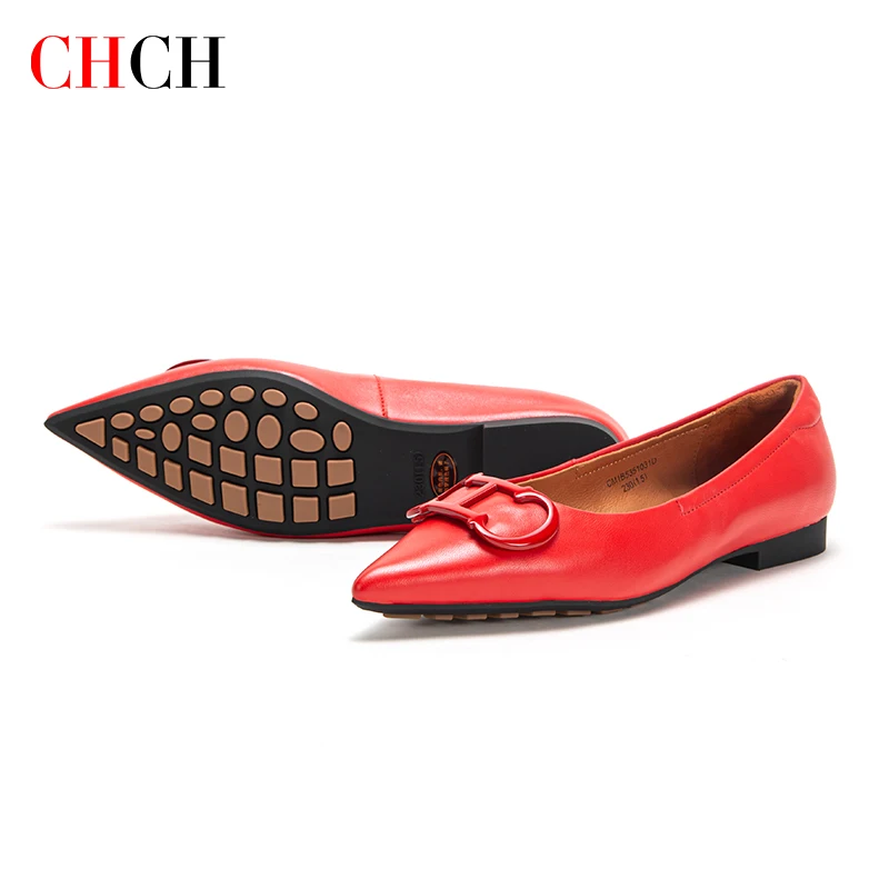 

Flats CHCH Women Leather Shoes Loafers Calfskin Pointed Toe Classical Slip-On Buckles Dress Shoes for Woman shoes Red On Offer