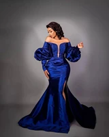 dubai plus size mermaid prom dresses long puffy sleeves beaded high side split royal blue formal dress evening party gowns