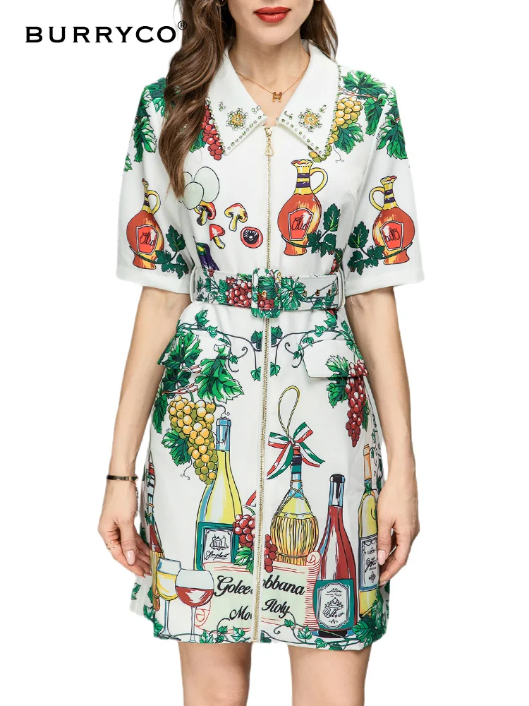 

BURRYCO 2023 летнее женское новое оригинальное дизайнерское облегающее платье с принтом ручной работы с бисером контрастный пояс с отворотом
