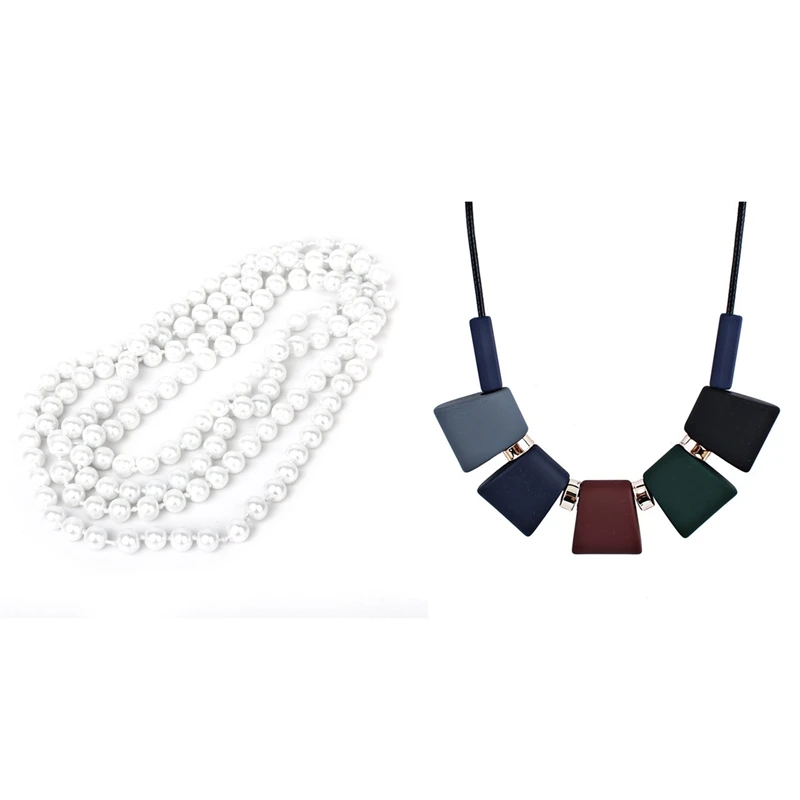 

1Pcs Faux Pearl Long Sweater Chain Necklace White & 1Pcs Necklace Choker Necklace Necklaces Colorful Beaded