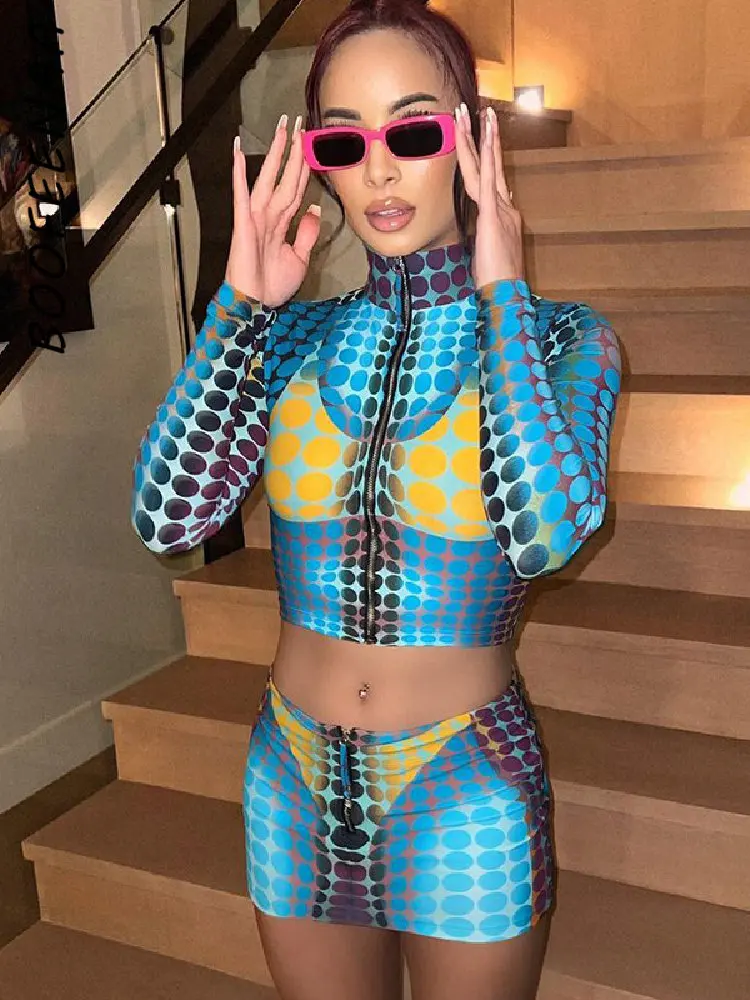 

BOOFEENAA комплект из 2 предметов с 3D принтом в горошек короткий топ и мини-юбка Уличная одежда сексуальная для женщин 2023 платье для ночного клуб...