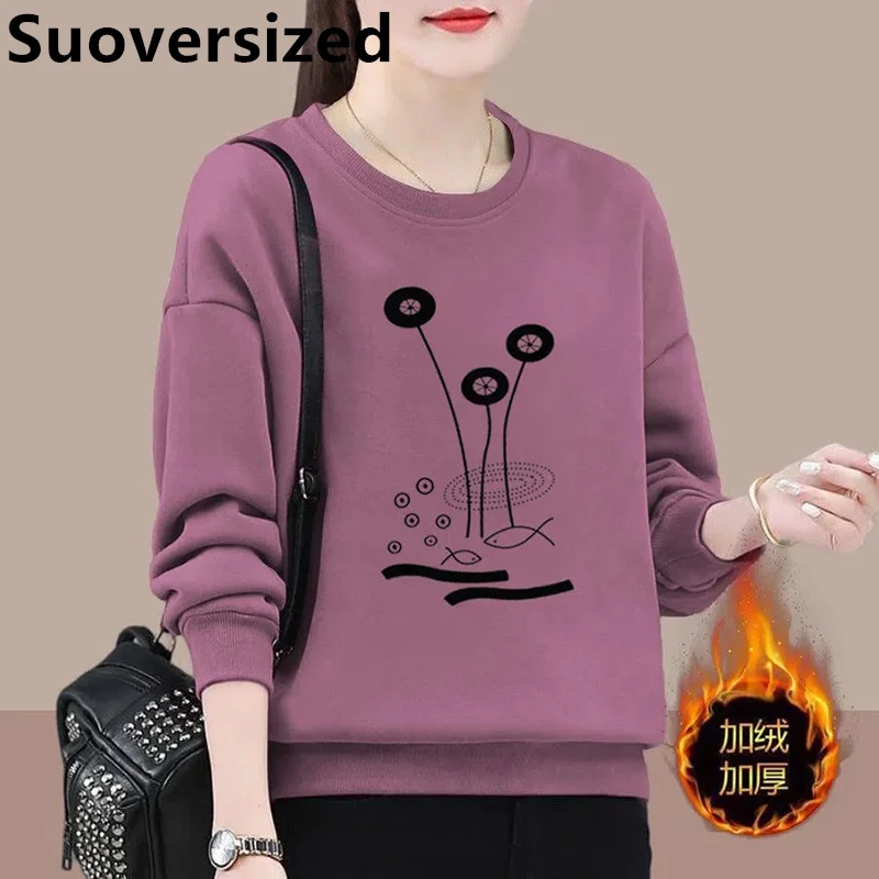 

Winter Women's Add Velvet Print O Neck Sweatshirts Loose Casual Vintage Long Sleeve Tops Chic Elegant Oversized Mom's Pullover