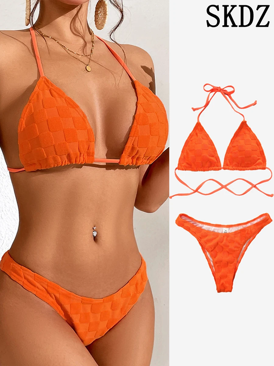 

Orange Split Swimsuit 2023 Summer New Seaside Resort Sexy Halter Tie Backless Bikini High Waist Briefs Women'S Swimwear