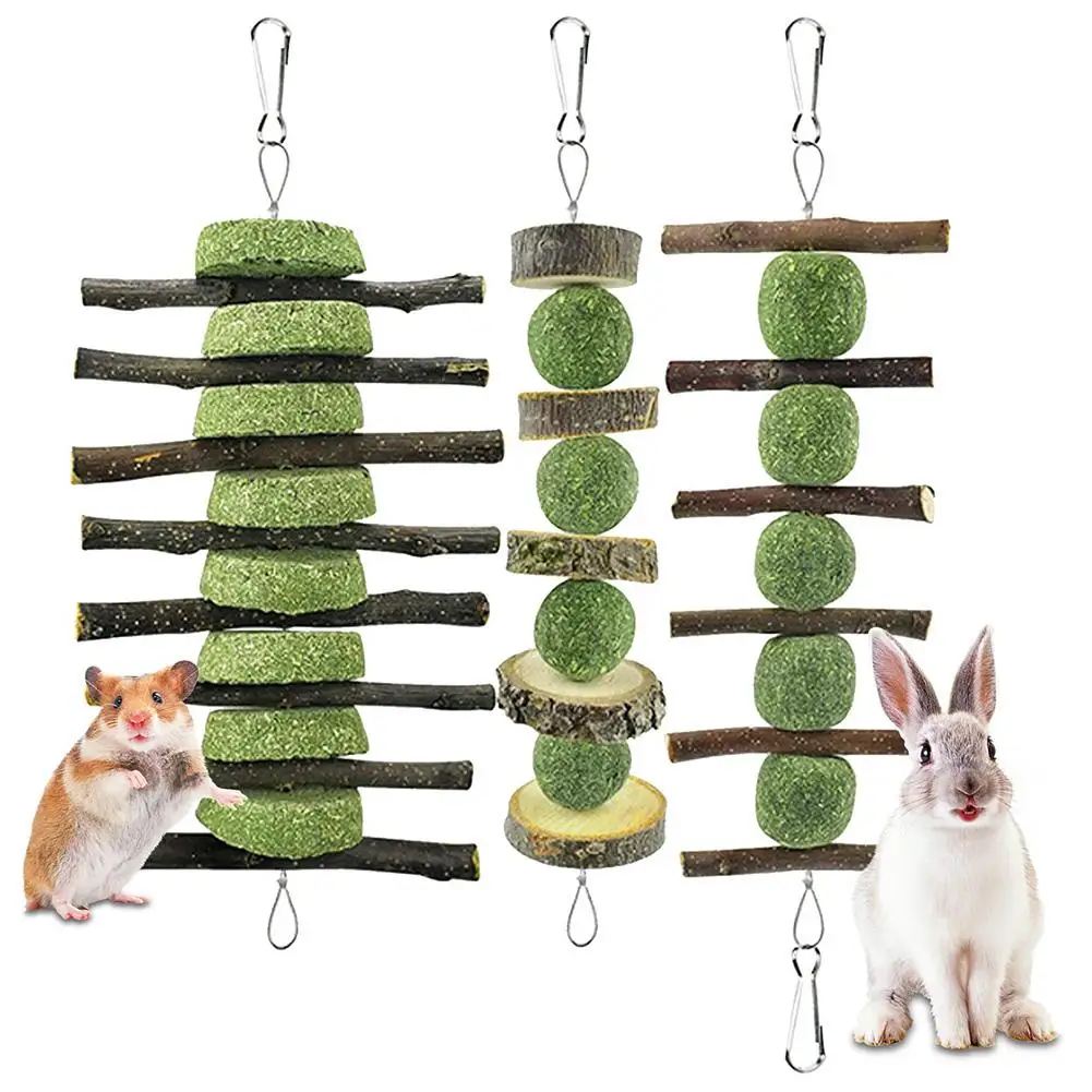 

3pcs Bird Toy Rabbits Hanging Chew Toys Promote Digestion Grass Ball Grass Cake Treats Toys Wood Sticks For Teeth Grinding