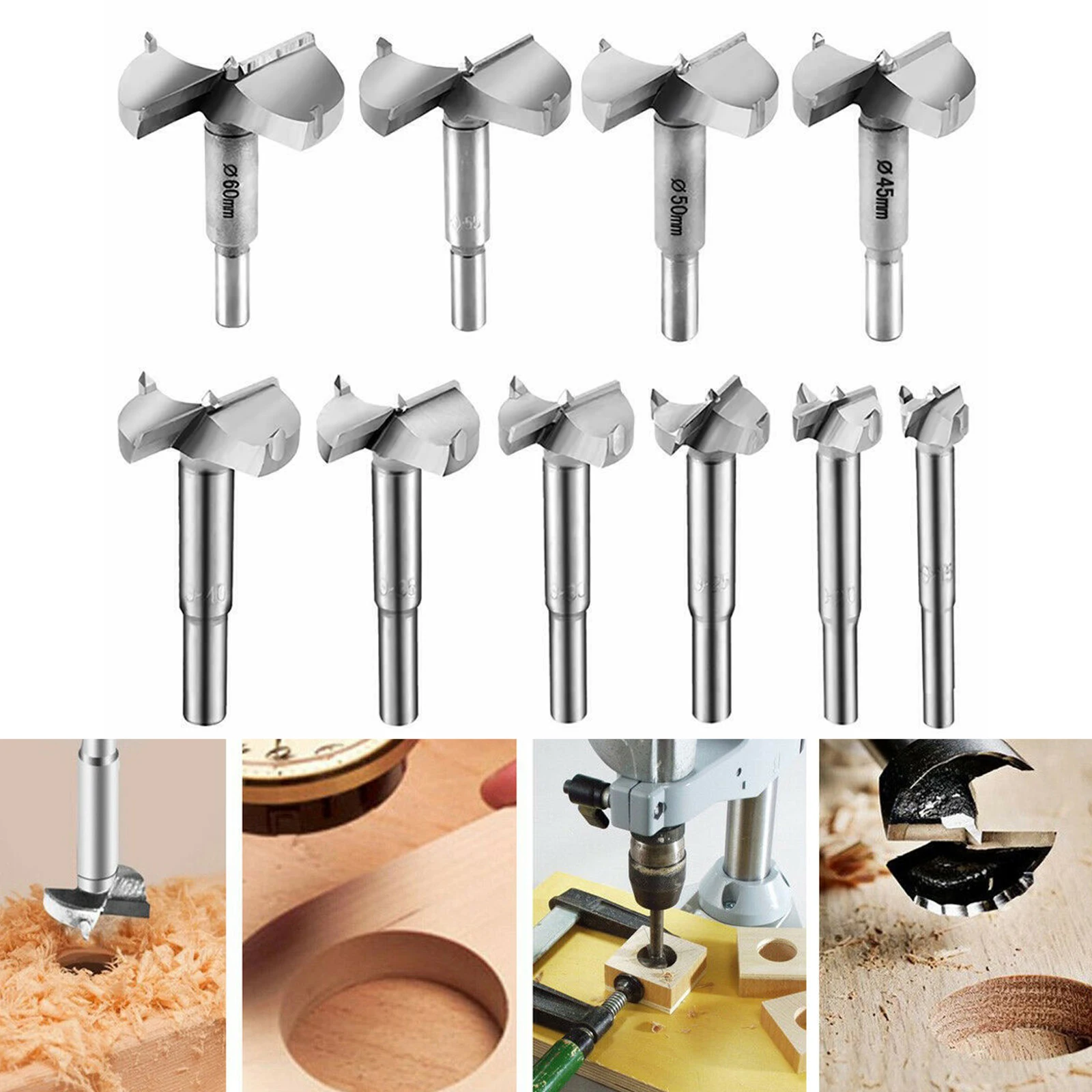 

10PCS 15-60mm Forstner Hinge Drill Bit Woodworking Core Hole Saw Cutting Plastic Gypsum Board Drilling Wood Extractor