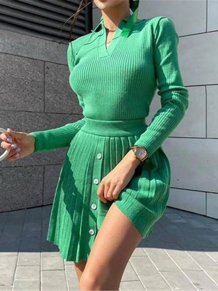 

Knitted Skirts Sets for Women Long Sleeve Top and Dress 2 Piece Sweater Pleated Skirt Fall Winter Ladies Clothes Green Dresses