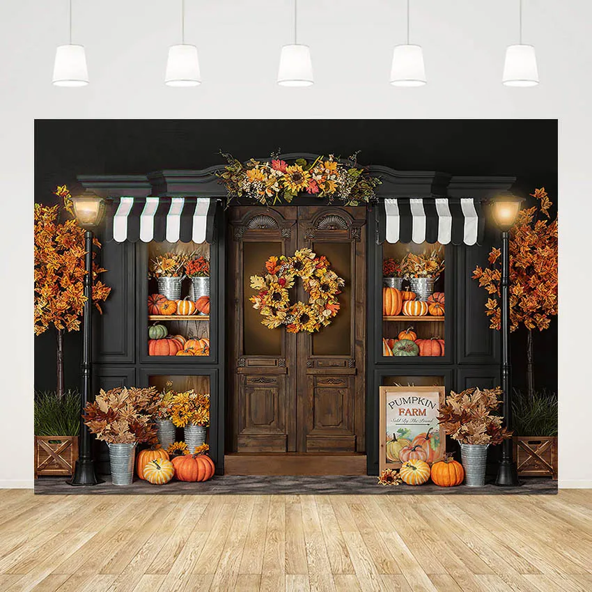 

Mehofond Vintage Shoppe Cupboard Photography Backdrop Autumn Maple Leaves Wreath Pumpkin Farm Decorations Background Photobooth