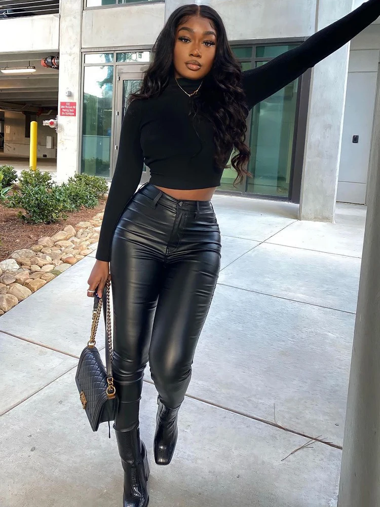 Black Streetwear Women's Faux Leather PU Pants Fashion High Waist Zipper Fly Bodycon Legging Spring Girls Stretch Pencil Bottom