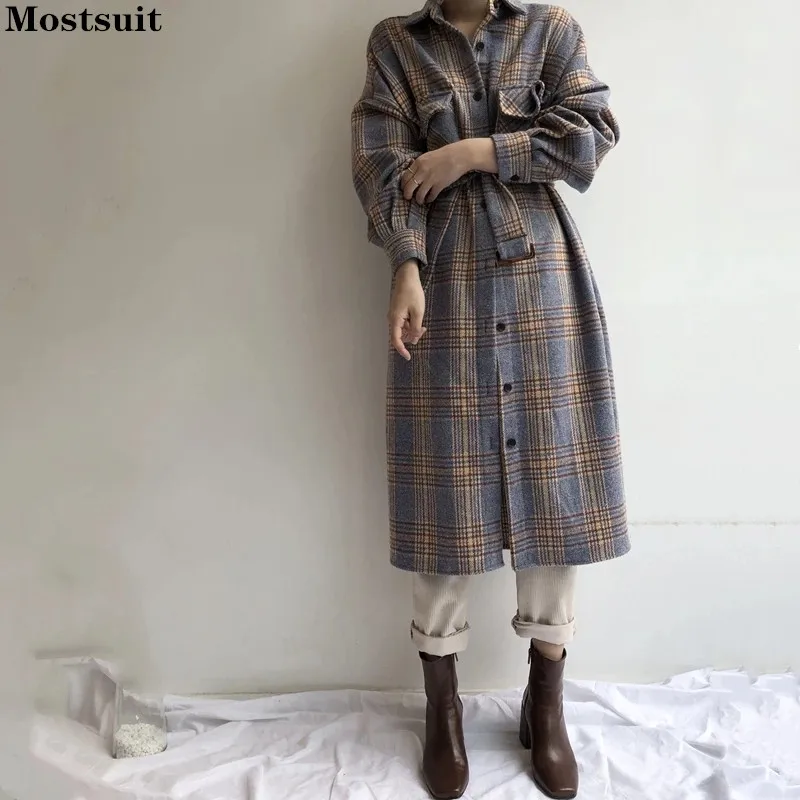 

Autumn Winter Vintage Plaid Shirt Dresses For Women Long Sleeve Pockets Single-breasted Buttons On Elegant Dresses Outwear