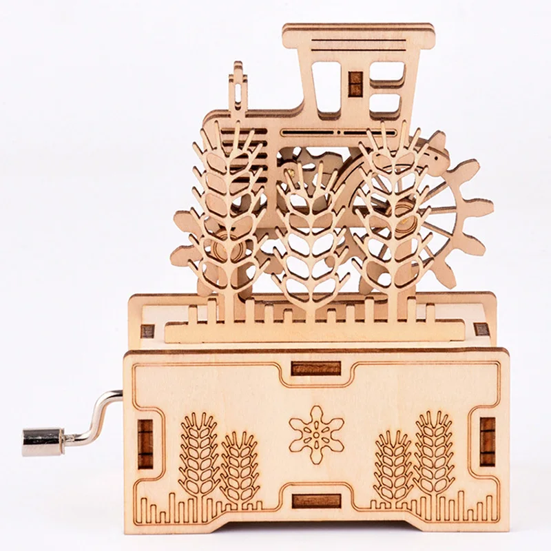 

Tractor Hand Crank Music Box 3d Jigsaw Puzzle Wooden Carved Building Toys DIY Educational Music Boxes for Children Birthday Gift