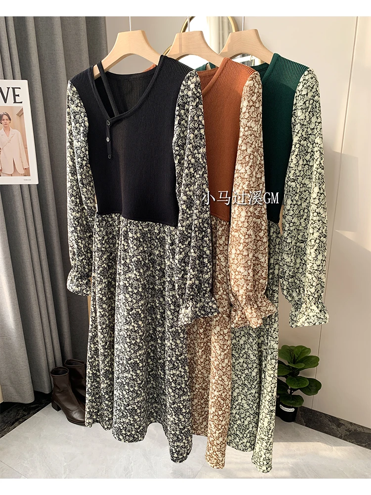 

Women French Elegance Vintage Floral Print Patchwork Midi Frocks Baggy Long Sleeve Irregular Design Dress Calf Length Lady Chic