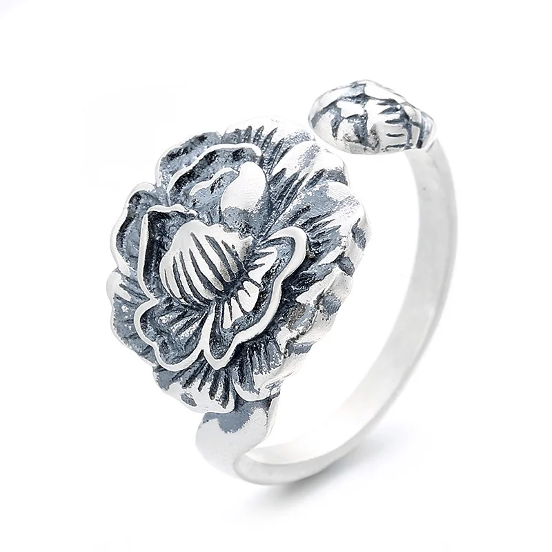

S925 Sterling Silver Vintage Literature Lotus Leaf Lotus Flower Creative Matte Craft Open Ring