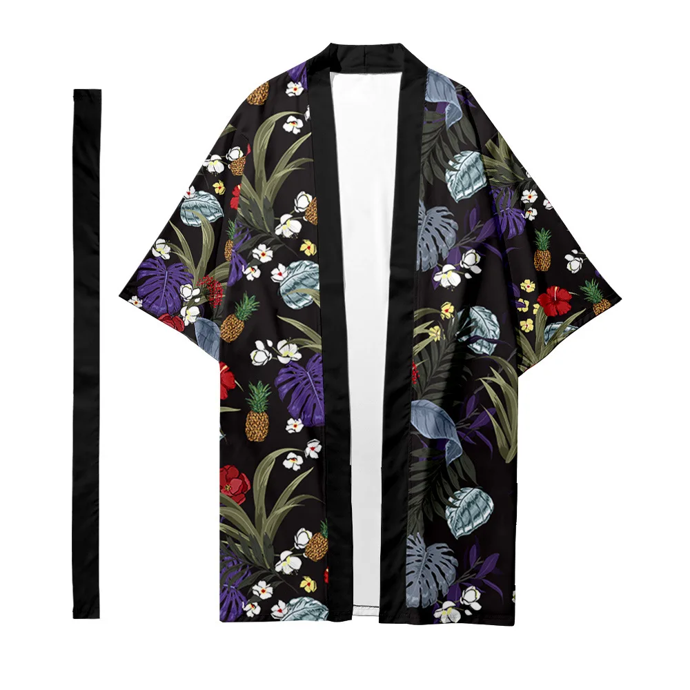 

Men's Japanese Long Kimono Cardigan Men's Samurai Costume Kimono Tropical Plant Pattern Kimono Shirt Yukata Outer Cover 5