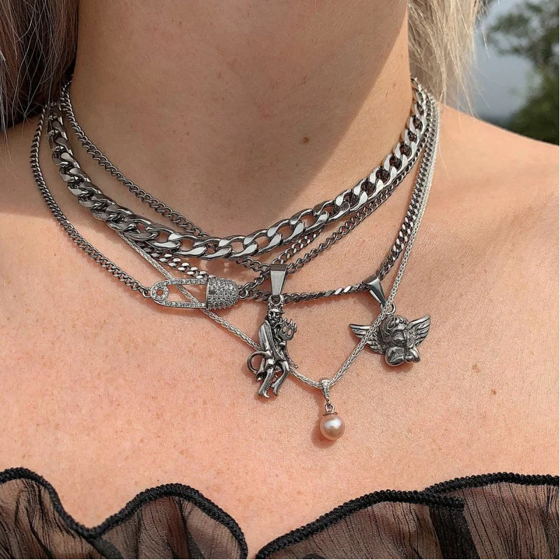 

Popular Metal Chain New Antique Silver Devil Angel Pearl Pendant Multi-Layer Necklace