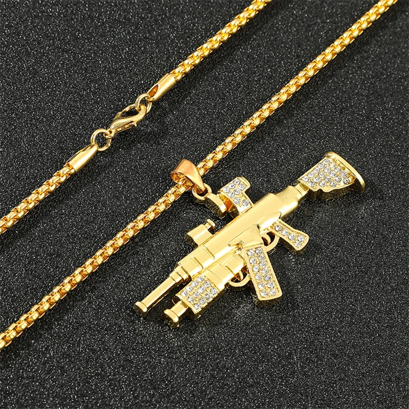Фото AK47 цепочка со стразами, ожерелье в стиле хип-хоп Uzi, подвеска-пистолет, ювелирные изделия в стиле стимпанк для мужчин и женщин, аксессуар из сплава №5