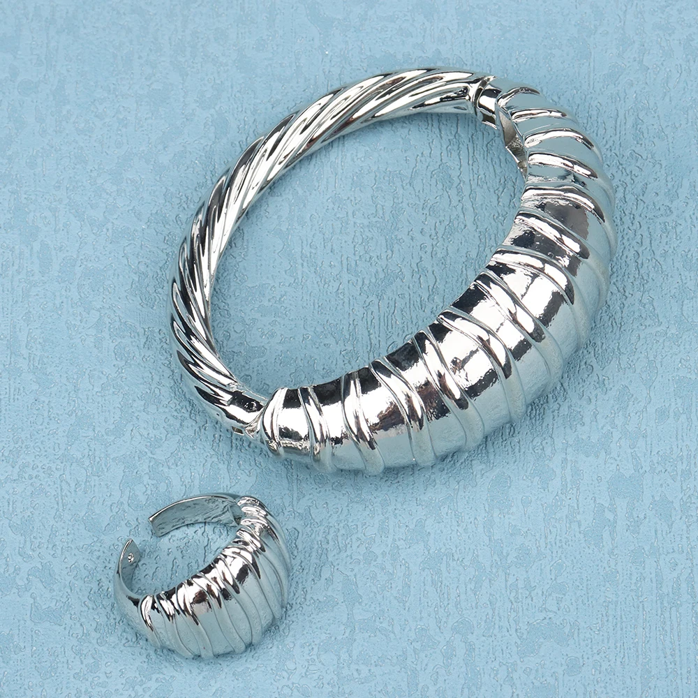 

2pcs Jewelry Set Sliver Color Jewelry Sets For Women Charm Bracelet Bangles Ring Set Accessory Party Gifts Daily Wear