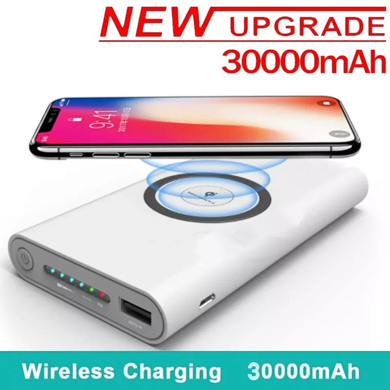 

NEW2023 30000mAh Wireless Charging Power Bank Portable Charging 2 USB Phone External Battery Charger Poverbank for iphone and