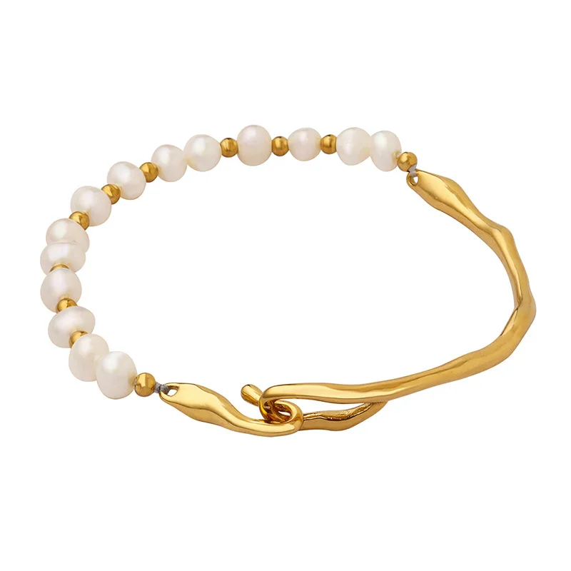 

ALLNEWME Wholesale Natural Freshwater Pearl Charm Bracelets for Women 18K Gold Silver PVD Plated Titanium Steel Twist Bracelet