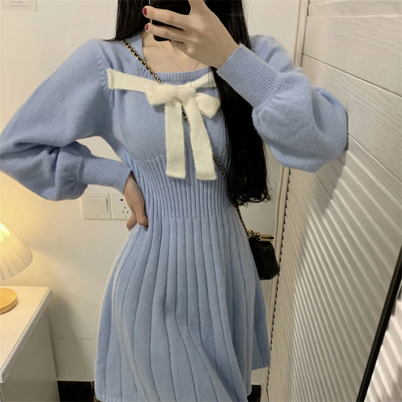 

2023 Korean Fashion Bow Knitted Dress Women Fall Winter Preppy Style Slim Fit Blue Dresses Girl Sweet Pleated Vestidos Mujer
